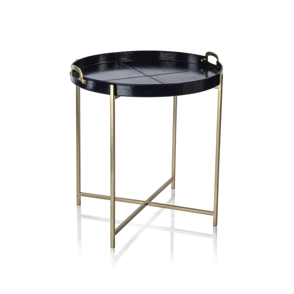 Harlow Leather with Brass Handles Round Tray on Stand
