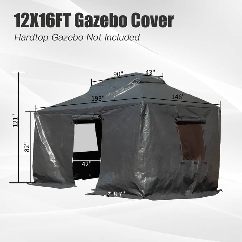 Domi 8' x 8' Universal Winter Gazebo Cover, All Season Waterproof Enclosed Cover with Sidewalls & Ventilated Mesh Windows, White - Dark Grey - 12' x 16'