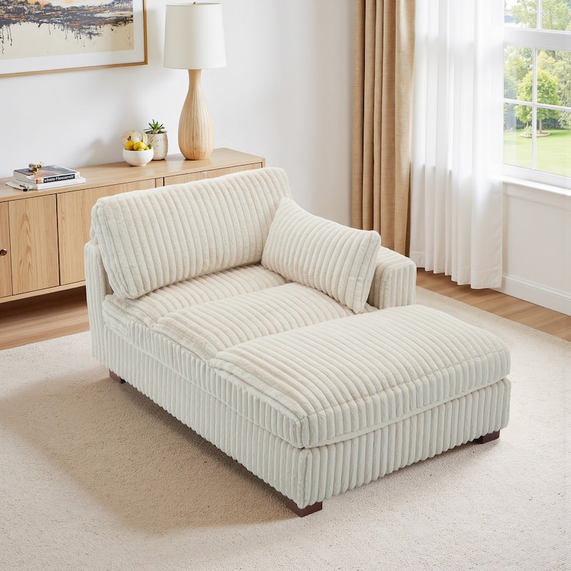 41" W Plush Corduroy Chaise Lounge with Pillows - Right Facing - White-Chaise