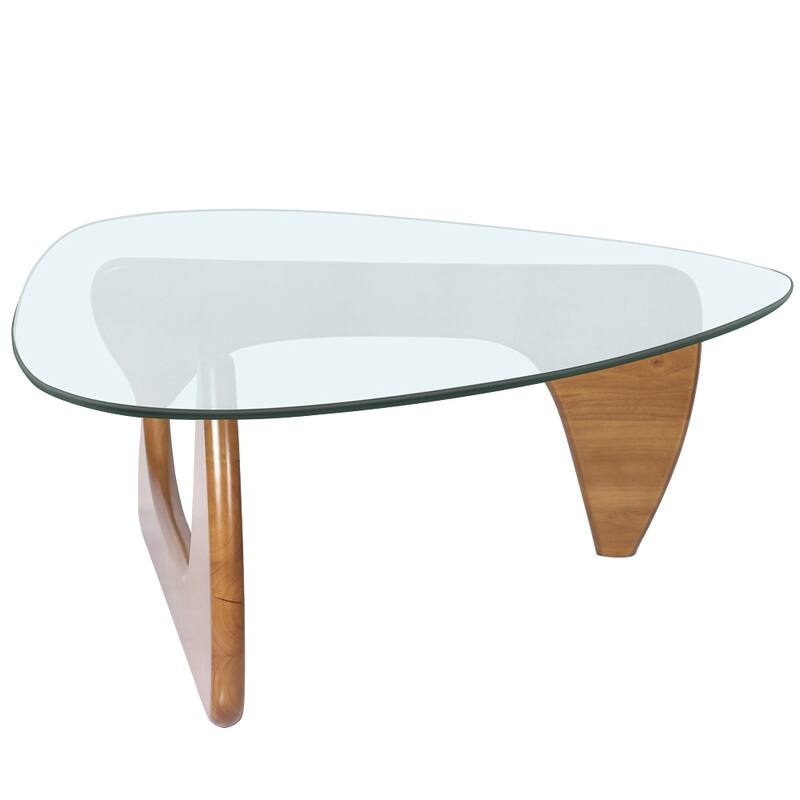 Triangle Glass Coffee Table with Solid Wood Base for Living Room