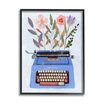Stupell Floral Arrangement Botanicals Blue Vintage Typewriter Collage Framed Wall Art