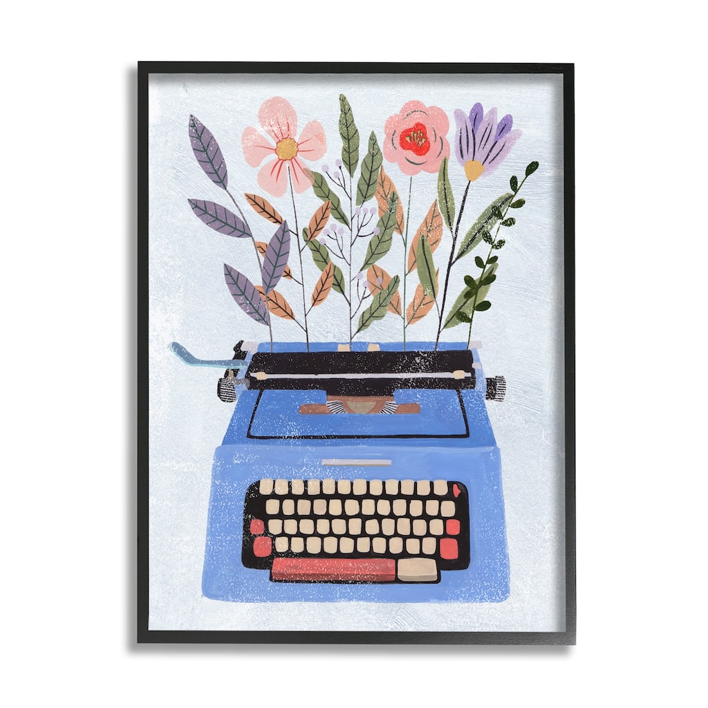 Stupell Floral Arrangement Botanicals Blue Vintage Typewriter Collage Framed Wall Art