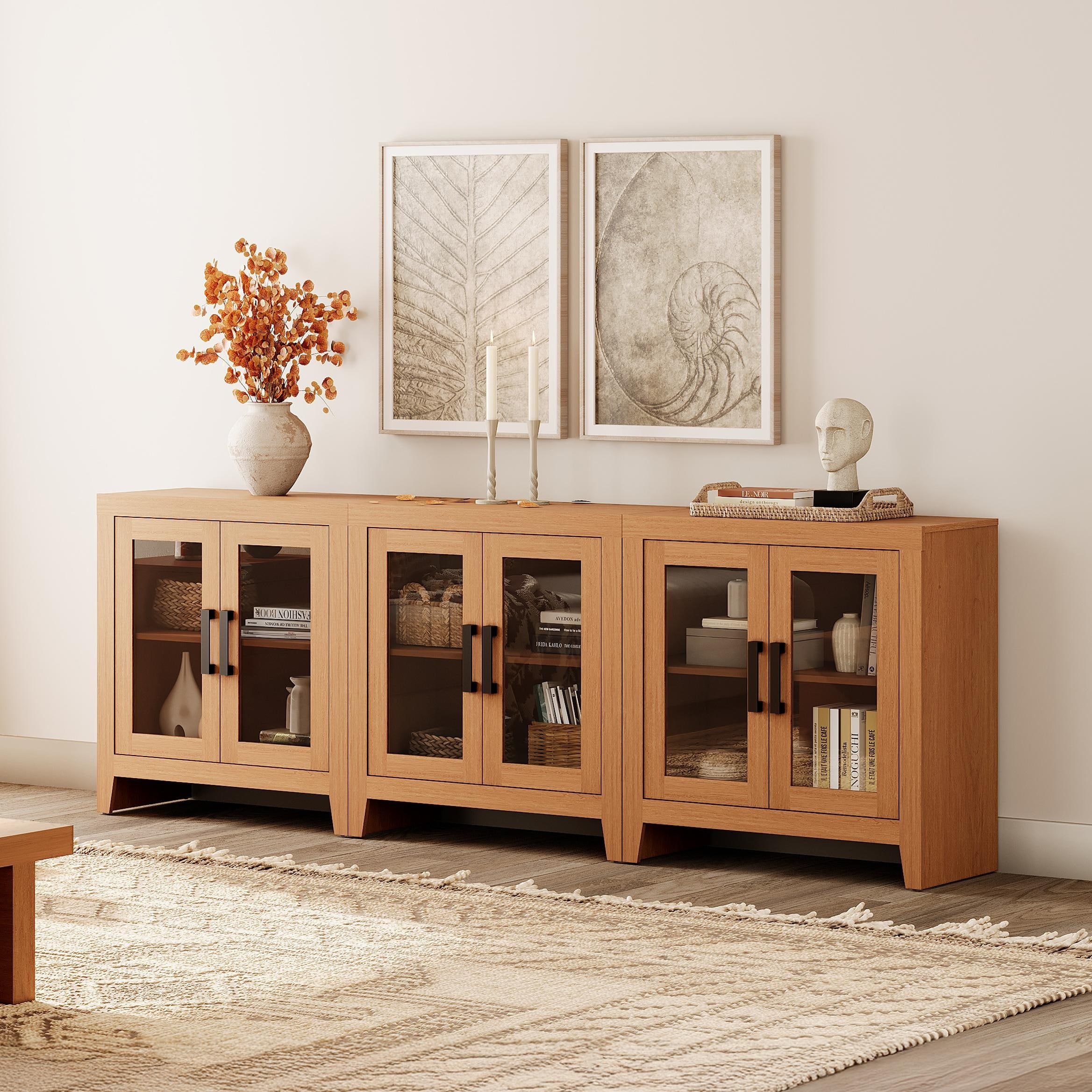 WAMPAT Modern Farmhouse Modular Buffet Cabinet, Glass Door Sideboard with Adjustable Shelves