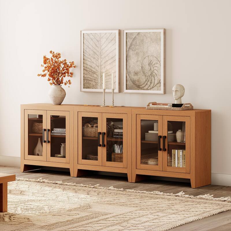 WAMPAT Modern Farmhouse Modular Buffet Cabinet, Glass Door Sideboard with Adjustable Shelves - 95 inches in width - Mocha