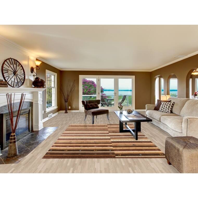Striped Gabbeh Oriental Area Rug Hand-Knotted Brown Wool Carpet - 6'9" x 9'11"