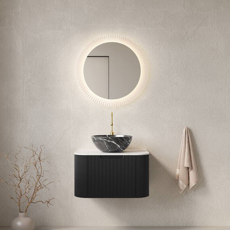 24" Bathroom Vanity with Sink, Wall-Mounted Curved Edges Striped Storage Cabinet with Drawer,Ceramic Basin with Stone Pattern - White+Black
