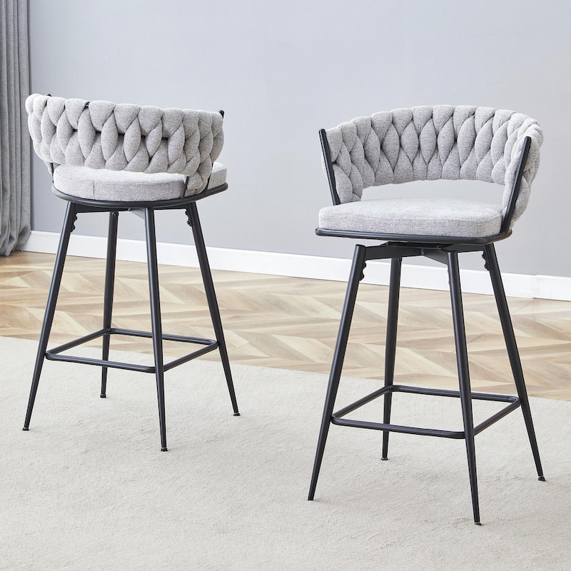 Set of 2 Swivel Bar Stools with Breathable Linen Cushions - Light Gray