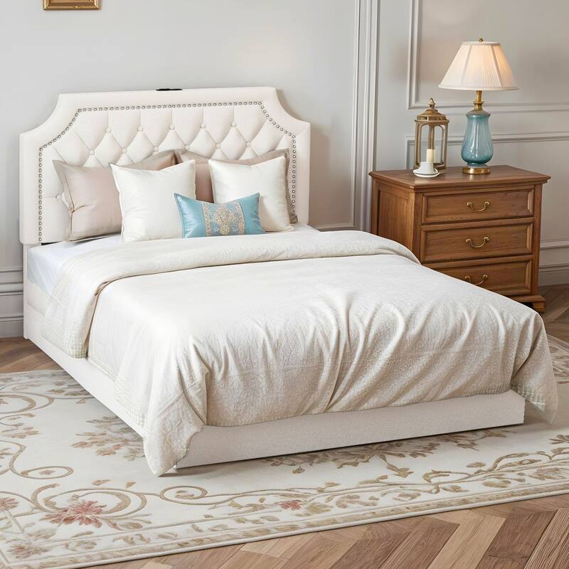 Moasis Velvet/Linen Upholstered Bedframe with Adjustable Headboard and 4 Storage Drawers - Linen Beige - Full