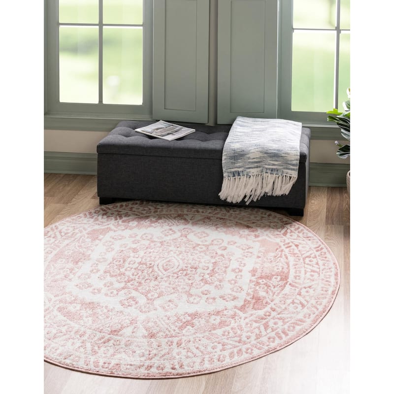 Contemporary Trabzon Collection Area Rug - Pink-Ivory - 3' Round