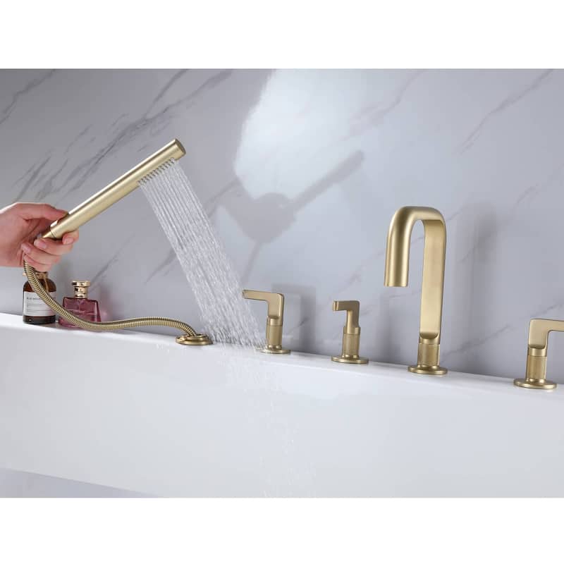Deck Mounted Bathtub Faucet With Hand Shower Triple Handles 5-Hole Roman Bathroom Tub Filler Modern Bath Faucet Set