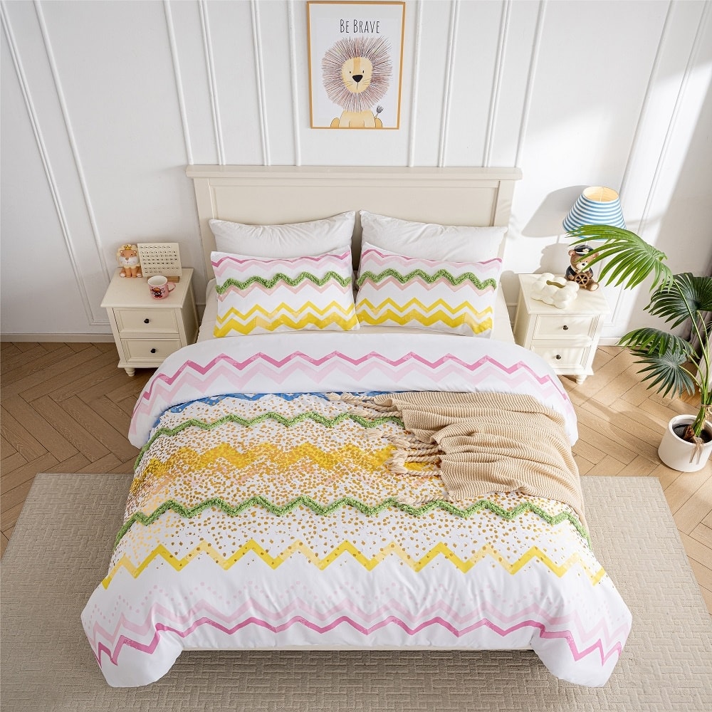 WHOLINENS Microfiber Foil Printing Tufted Comforter Set 3 Pieces