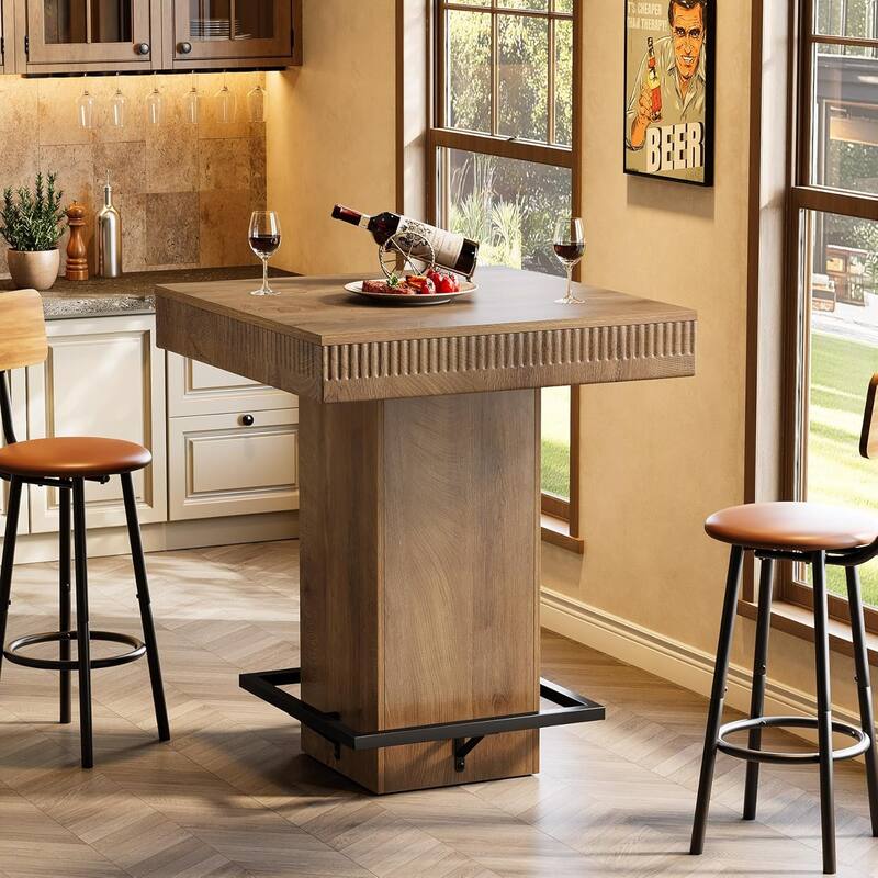 Square Bar Table, 37.4"H Wooden Bistro Pub Table with Metal Footrest for Small Bars, Kitchen Nook
