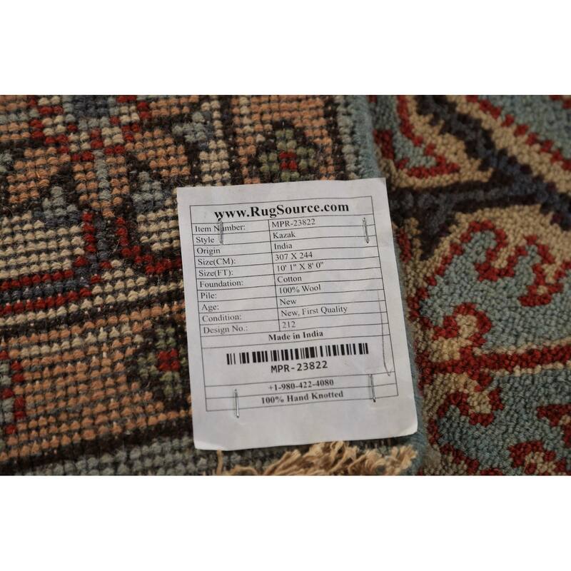 Light Blue Geometric Kazak Indian Area Rug Hand-Knotted Wool Carpet - 8'0"x 10'1"
