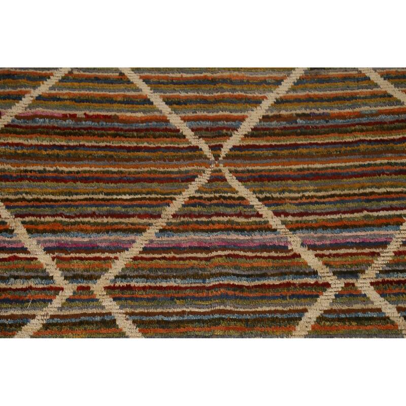 Hand Knotted Oriental 100% Wool Carpet Modern Stripe Multi-Colored Moroccan Area Rug - 13' 0'' X 9' 7''