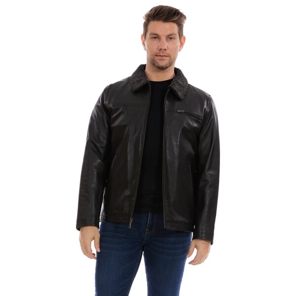 Perry Ellis Mens Genuine Leather Jacket w/ Sherpa Collar - Bed