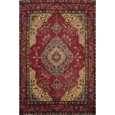 Hand Knotted Oriental 100% Wool Carpet Traditional Floral Red Tabriz Area Rug - 6' 2'' X 4' 7''