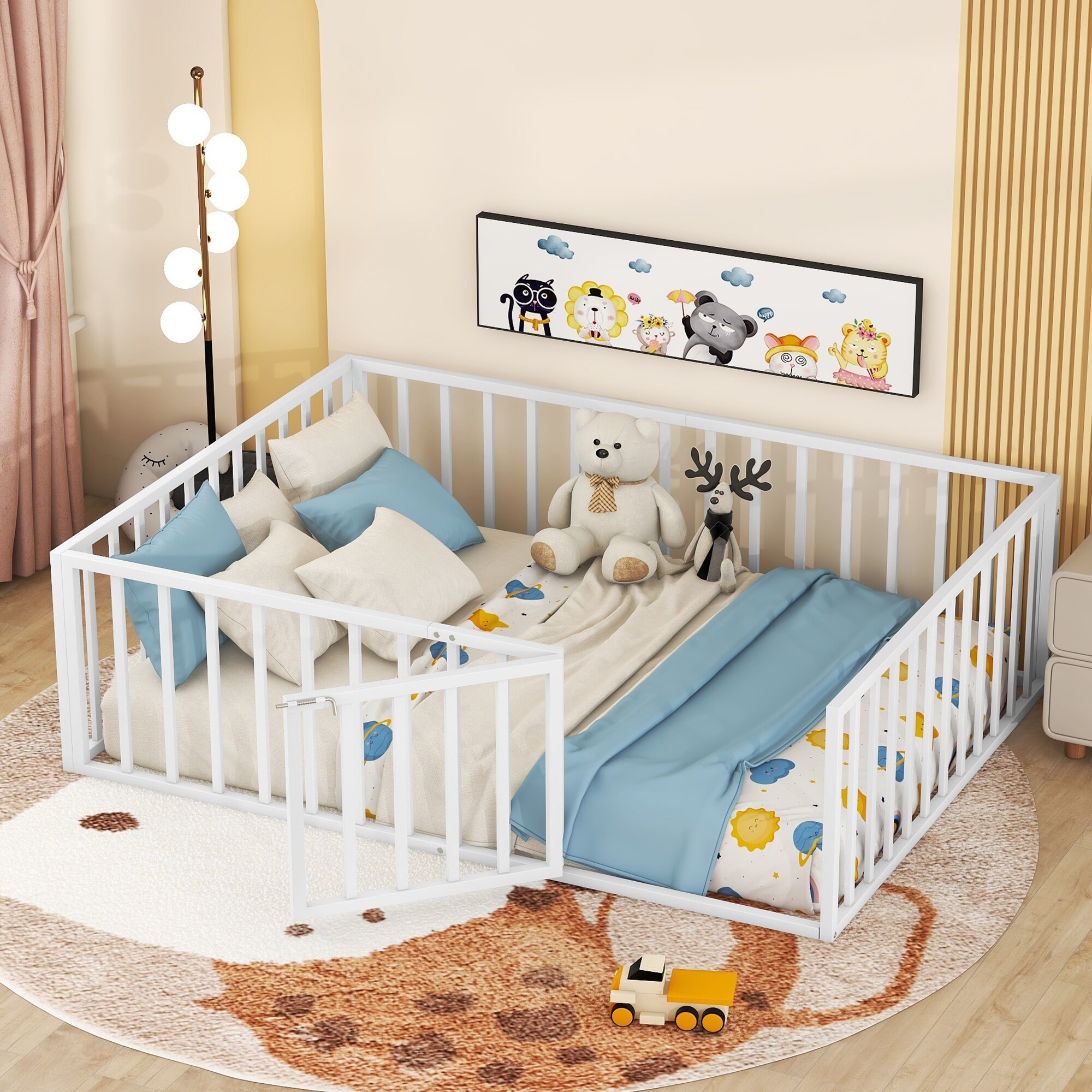 Classic Full Size Metal Floor Bed Frame with Fence and Door, No Limited Weight Capacity for Kids, Teens, Girls, Boys