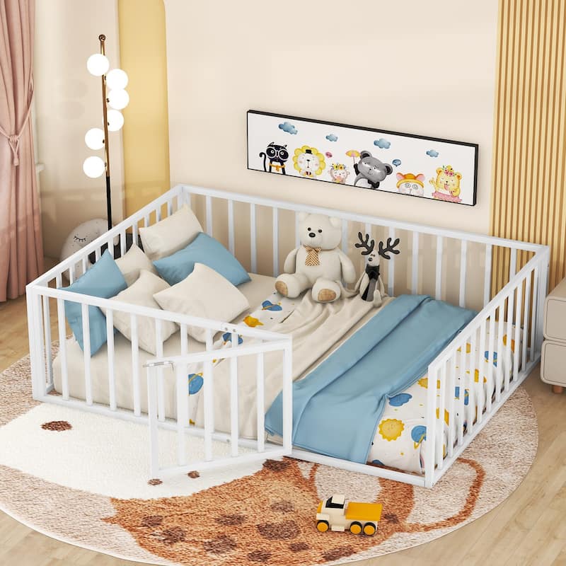 White Full Size Metal Floor Bed Frame with Fence and Door for Kids - Full - White