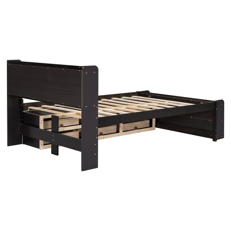 Full Bed w/Bookcase Headboard,Under bed Storage Drawers & Storage Case