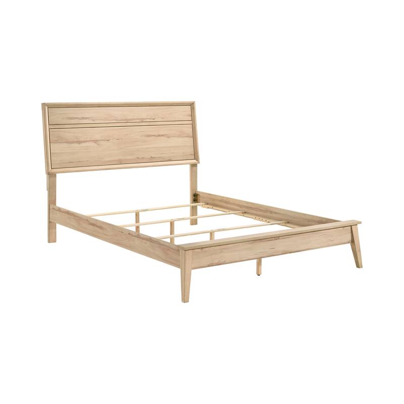 Mid-Century Modern Queen Bed in Natural Oak Finish, Includes Headboard, Footboard, and Rails