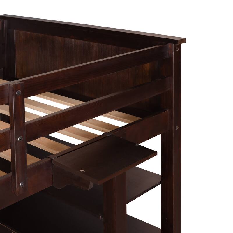 Wood Loft Bed Twin Size, Twin High Bed Frame w/Built-in Desk & Drawers