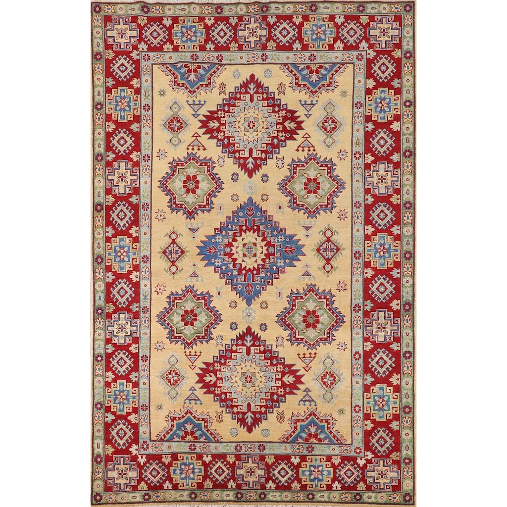 Kazak Oriental Area Rug Hand-Knotted Living Room Yellow Wool Carpet - 6'7" x 9'7"