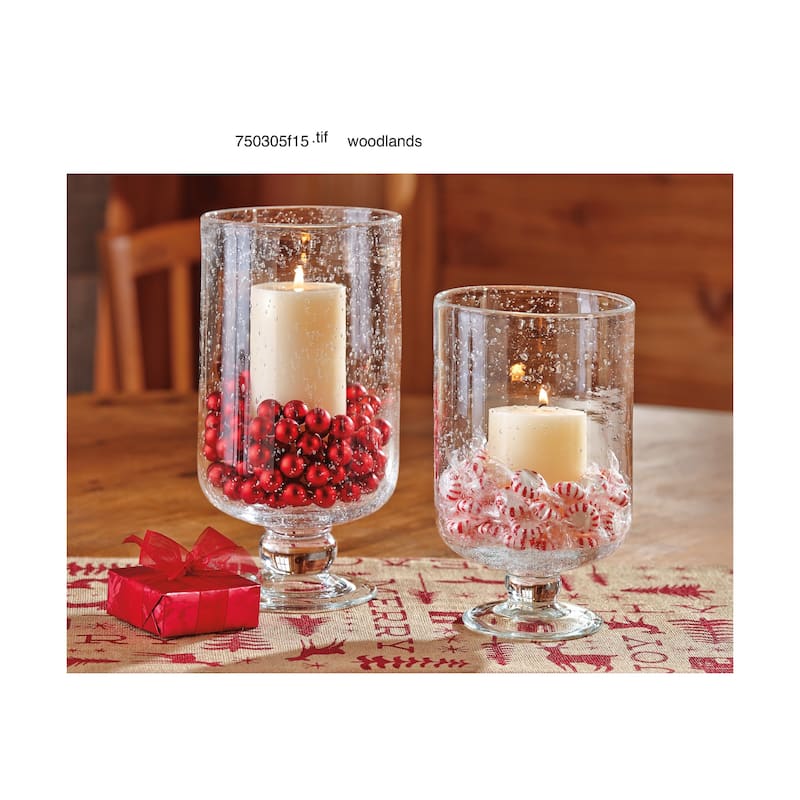 Clear Bubble Glass Hurricane Candle Holder Large, 6.25L x 6.25W x 11.75H inches.