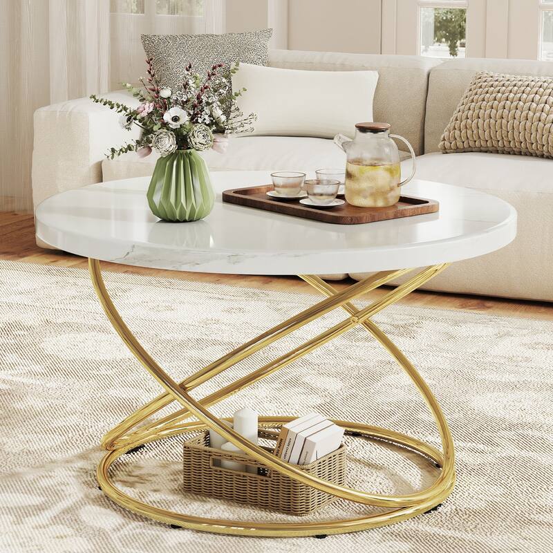 Tempered Glass Top Round Coffee Table with Metal Base