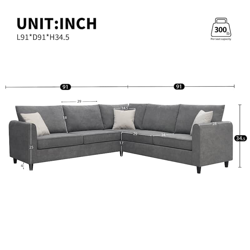 91*91" Modern Grey Fabric L-Shaped Sectional Sofa with 3 Pillows