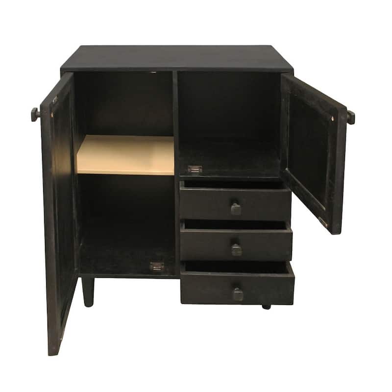HomeRoots 32" Black Distressed Solid Wood Three Drawer Sideboard with Two Doors - 31.50 in. x 37.00 in. x 12.00 in.