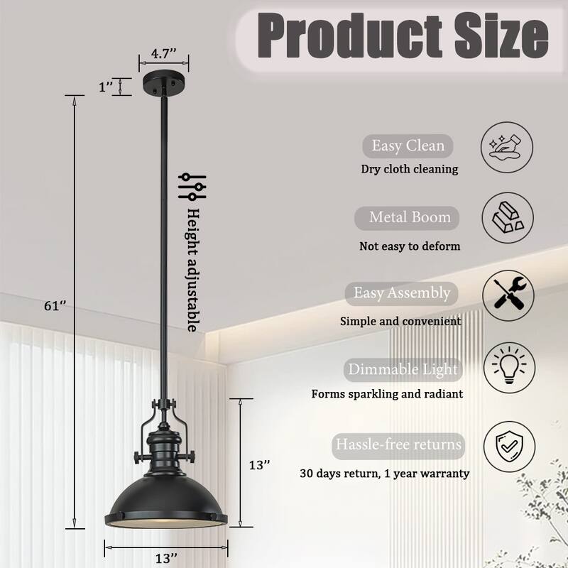 1-Light 13" Modern Industrial Matte Black Single Dome Pendant Light for Kitchen Island - W13''