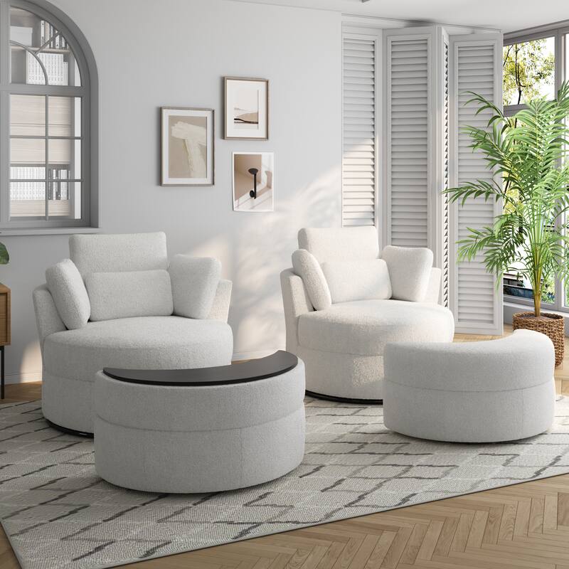 Upholstered Swivel Accent Barrel Chair And Storage Ottoman Sets - Boucle - Ivory/Boucle