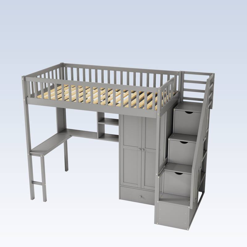 Modern Twin size Loft Bed with Bookshelf,Drawers,Desk,and Wardrobe