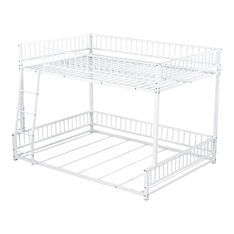 Full XL over Queen Floor Metal Bunk Bed Frame with Ladder and Safety Guardrails