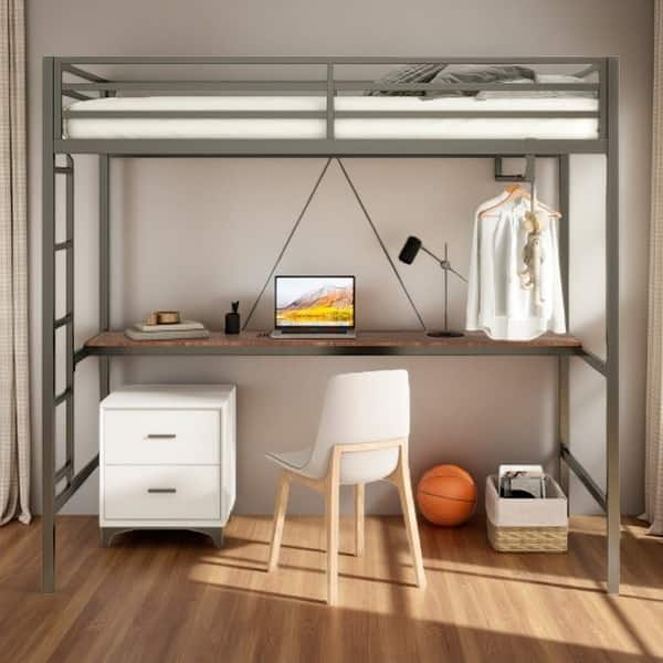 slide 2 of 8, Twin Size Metal Loft Bed with Integrated Desk and Closet Rod, Space-Saving Frame with Guardrails and Ladder Black