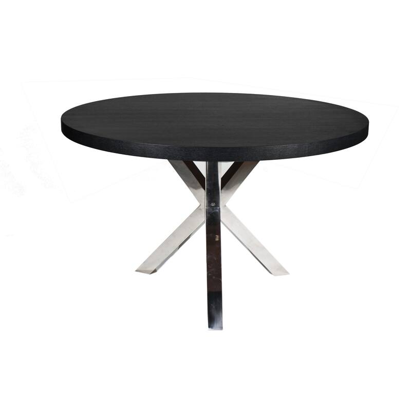 Emi 47 Inch Round Dining Table, X- Cross Metal Base, Black Wood, Silver