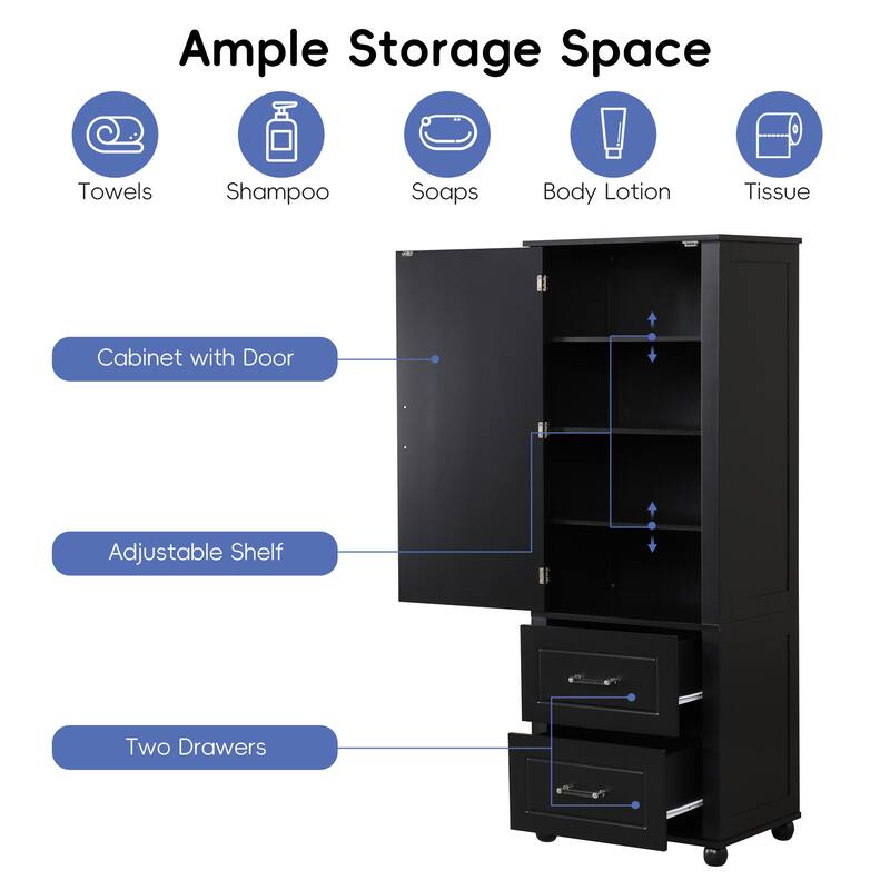 61.4" Tall Freestanding Storage Cabinet with 2 Drawers, Adjustable Shelf, MDF Board, Painted Finish