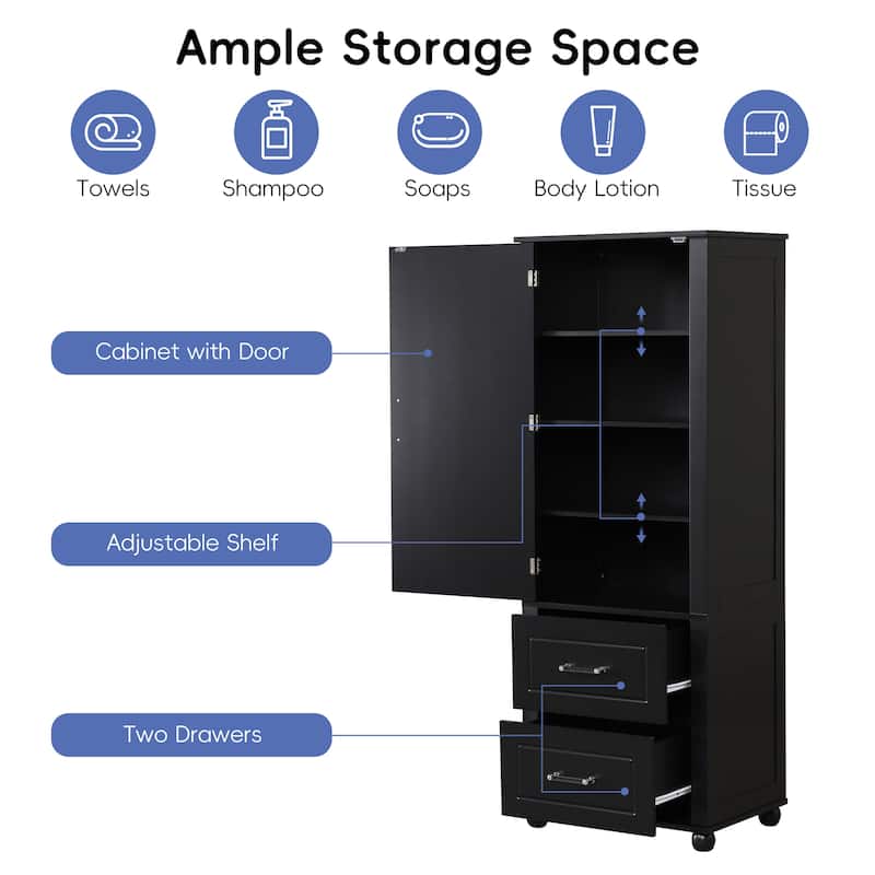 Freestanding Tall Bathroom Cabinet – 2-Drawer Storage with Adjustable Shelf, Painted MDF Finish‌