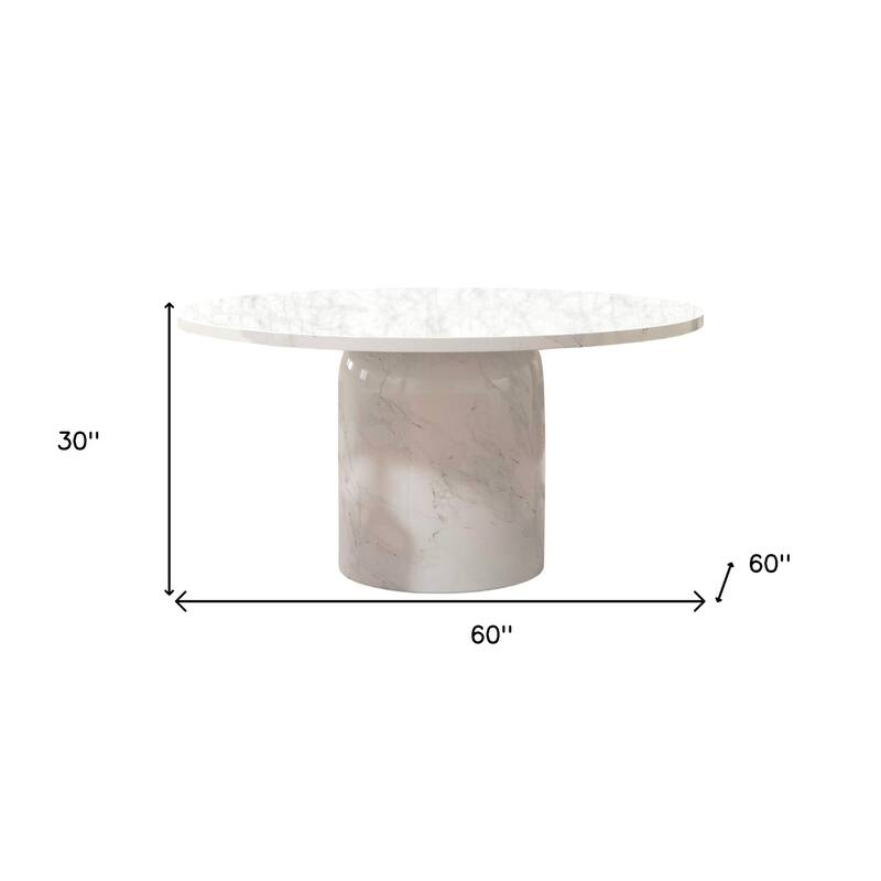 HomeRoots 60" Gray and White Marble Pedestal Base Round Top Dining Table - 60.00 in. x 30.00 in. x 60.00 in.