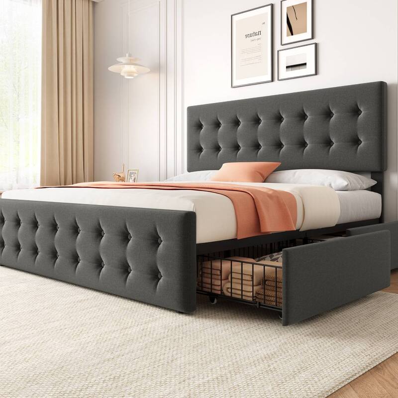 Bed Frame with 4 Storage Drawers and Headboard