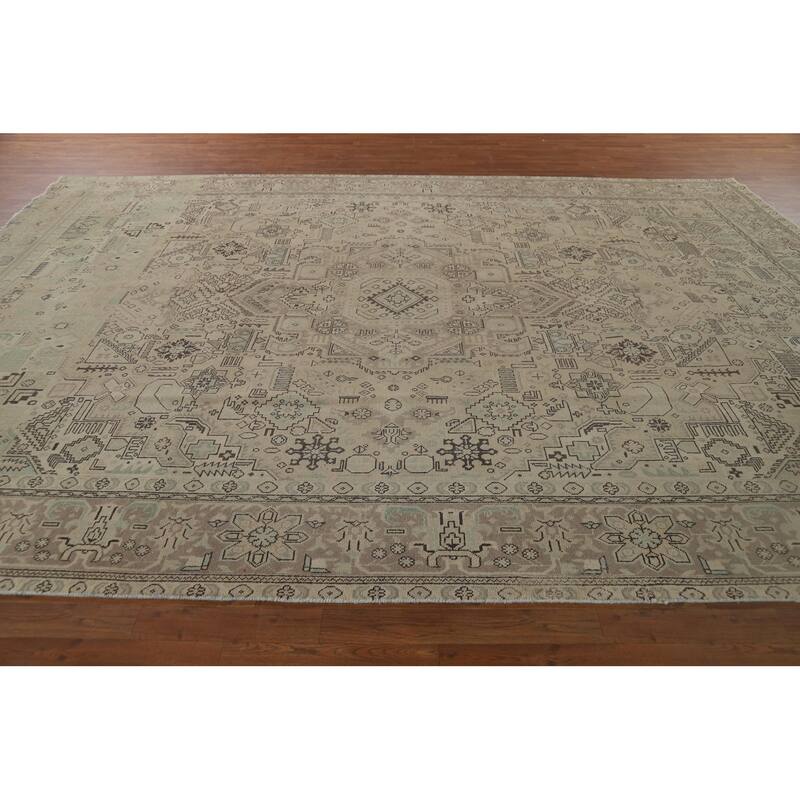 Distressed Geometric Tabriz Vintage Persian Rug Handmade Wool Carpet - 9'7" x 13'1"