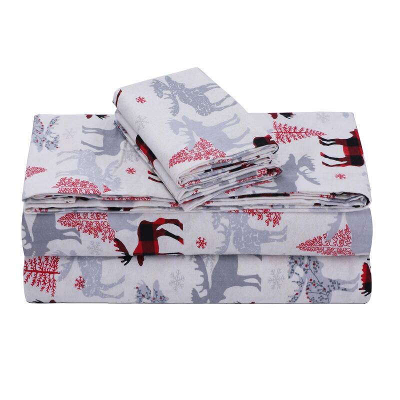 Feather & Stitch Cotton Flannel Sheets Set 4 Piece Bed Sheets Heavy Weight Bedding - Twin - Red Deer