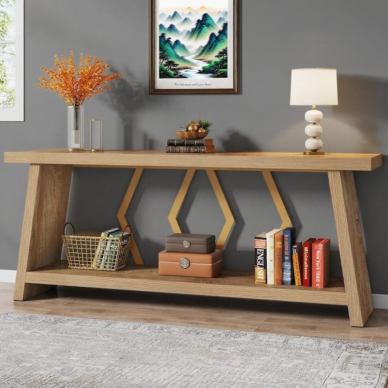Double Decker Sofa Table with Wood Top and Metal Frame 2 Tier Console Entryway Hallway Display Table - 70.86" x 11.81" x 31.50"