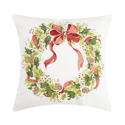Holly Pinecone Wreath Embroidered Holiday Pillow