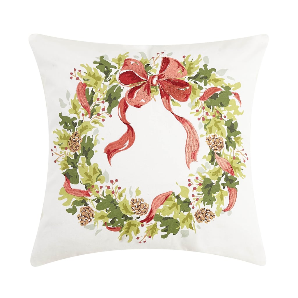 Holly Pinecone Wreath Embroidered Holiday Pillow