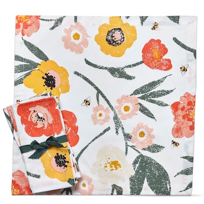 Bee Blossom Cotton Napkins Set of 4 - Multicolor Kitchen Textiles, 20" x 20" - Summer Floral Design, Machine Washable - 20 x 20