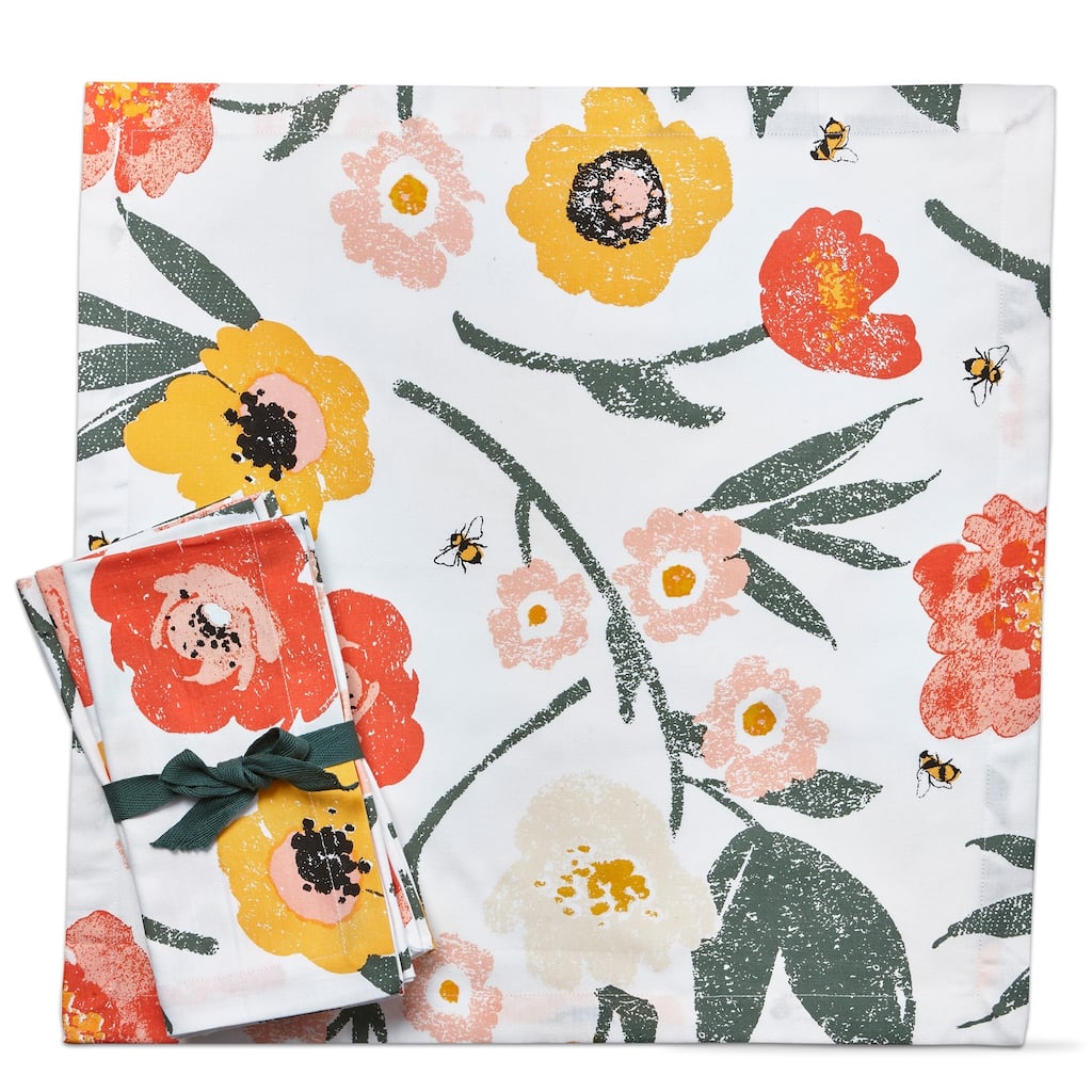 Bee Blossom Cotton Napkins Set of 4 - Multicolor Kitchen Textiles, 20" x 20" - Summer Floral Design, Machine Washable - 20 x 20