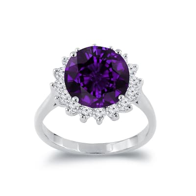 Auriya 18K Gold 3.37ct Round Purple Amethyst & Diamond Sunburst Halo Engagement Ring
