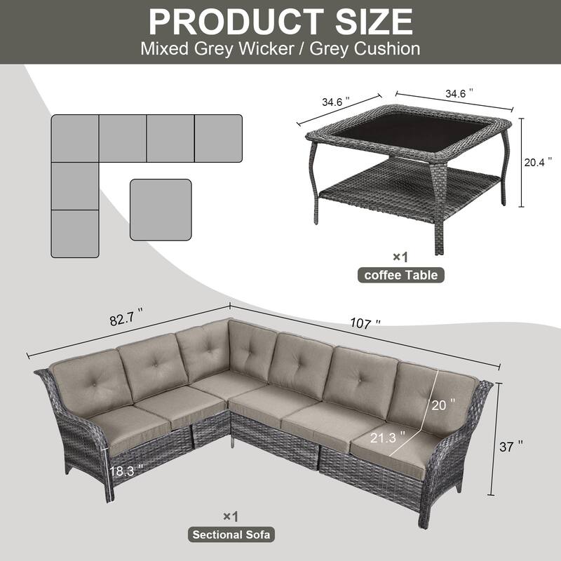 Gymojoy 6-seats L-Shaped Outdoor Corner Sectional Sofa Couch Conversation Set