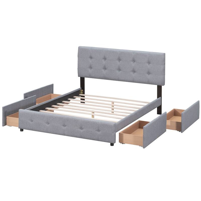 Queen Linen Upholstered Platform Bed with Tufted Headboard & 4 Drawers